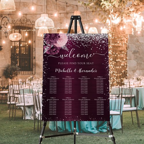 Burgundy silver flowers wedding seating chart foam board