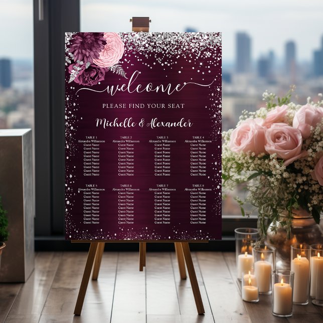 Burgundy silver flowers wedding seating chart foam board (Creator Uploaded)