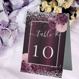 Burgundy silver flowers wedding table number tent