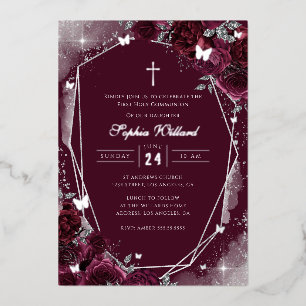Burgundy Silver Girls First Communion Foil Invitation