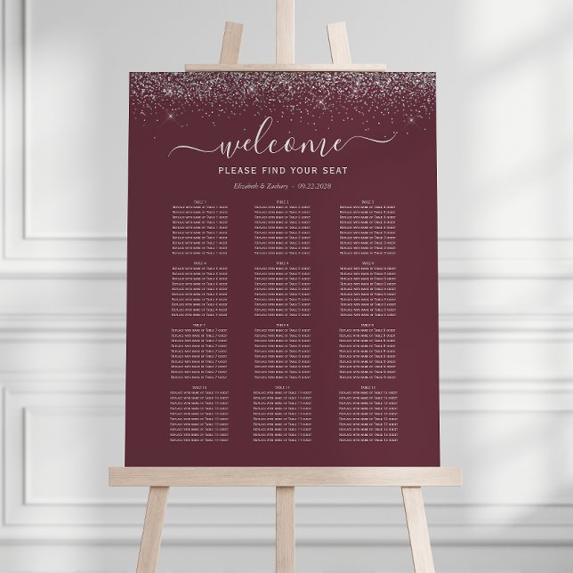 Burgundy Silver Glitter 12-Table Wedding Seating Foam Board (Creator Uploaded)