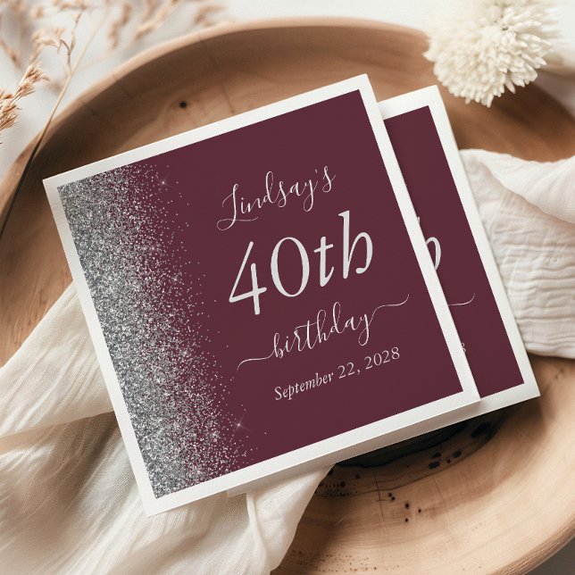 Burgundy Silver Glitter 40th Birthday Party Napkins (Creator Uploaded)
