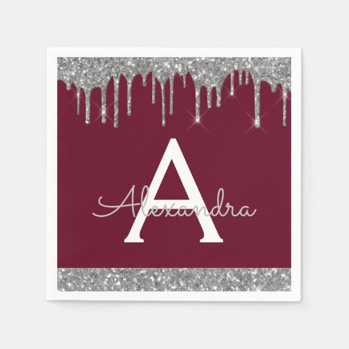 Burgundy Silver Glitter Black Monogram Birthday Napkins