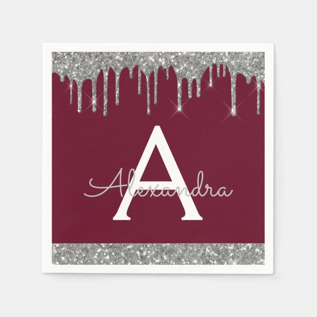 Burgundy Silver Glitter Black Monogram Birthday Napkins (Front)