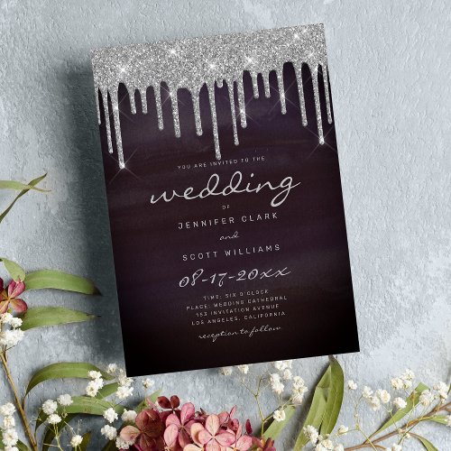 Burgundy silver glitter drips script wedding invitation