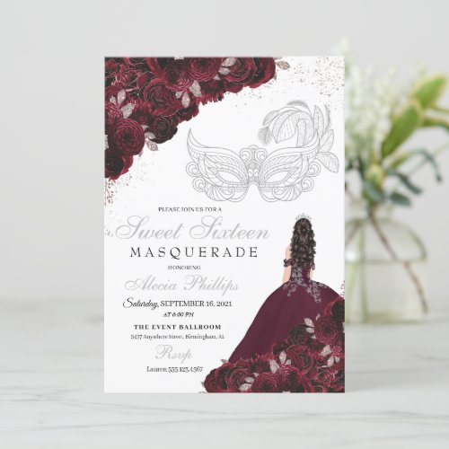 Burgundy  Silver Glitter Sweet 16 Masquerade Invitation