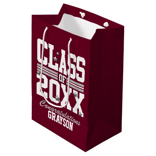 Burgundy|Silver Graduating Class Year Medium Gift Bag (Front Angled)
