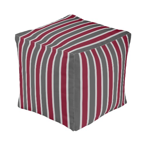 Burgundy Silver Gray Striped Cube Pouf