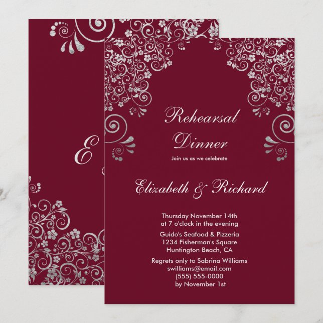 Burgundy Silver Gray Wedding Rehearsal Dinner Invitation (Front/Back)