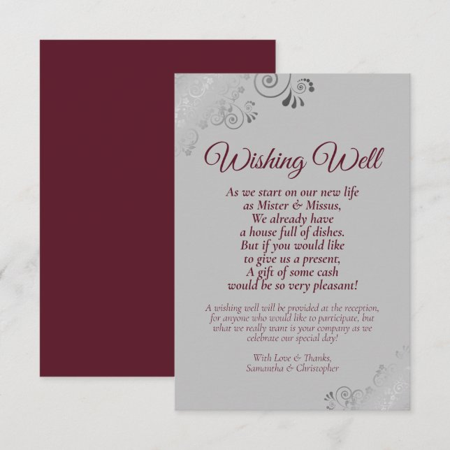 Burgundy & Silver Gray Wedding Wishing Well Poem Enclosure Card (Front/Back)
