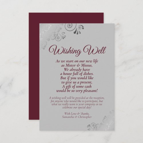 Burgundy  Silver Gray Wedding Wishing Well Poem Enclosure Card