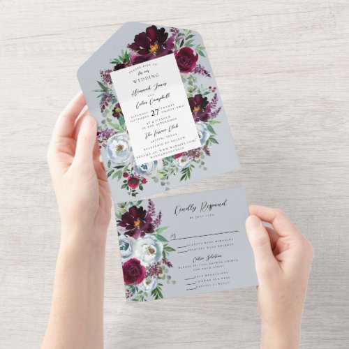Burgundy Silver Grey Roses Botanical All In One Invitation