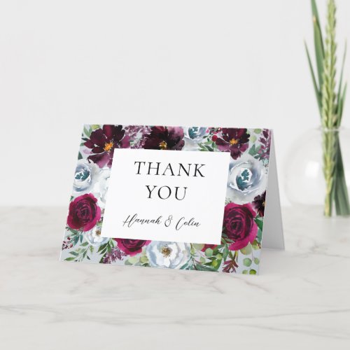 Burgundy Silver Grey Roses Botanical Thank You Card