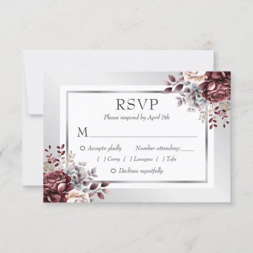 Burgundy Silver Ivory Floral Wedding RSVP Card