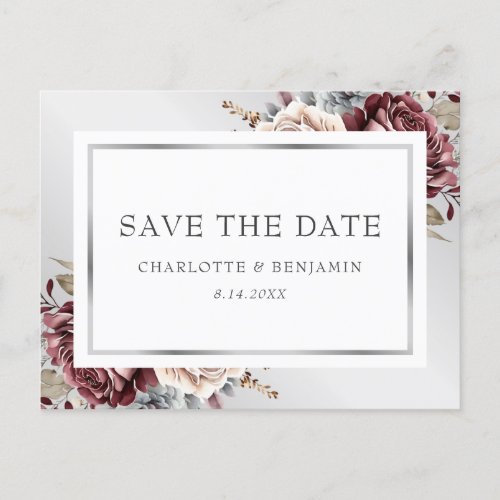 Burgundy Silver Ivory Floral Wedding Save The Date Announcement Postcard
