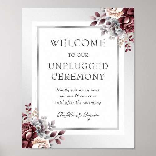 Burgundy Silver Ivory Floral Wedding Sign