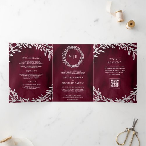 Burgundy Silver Leaf Branch QR Code Wedding Tri-Fold Invitation