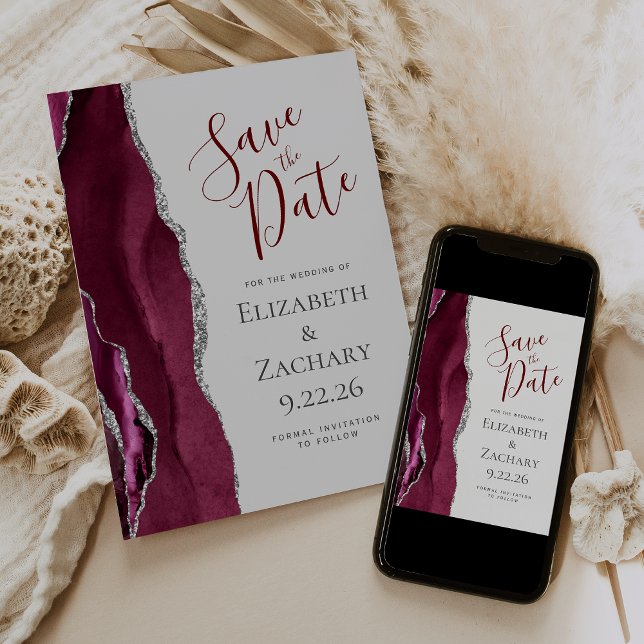 Burgundy Silver Light Gray Photo Save the Date Invitation (Creator Uploaded)