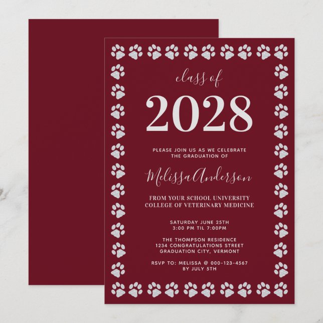 Burgundy Silver Paw Prints Graduation Invitation (Front/Back)