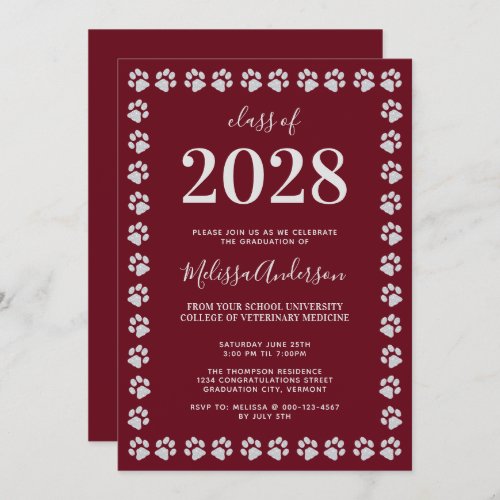 Burgundy Silver Paw Prints Graduation Invitation