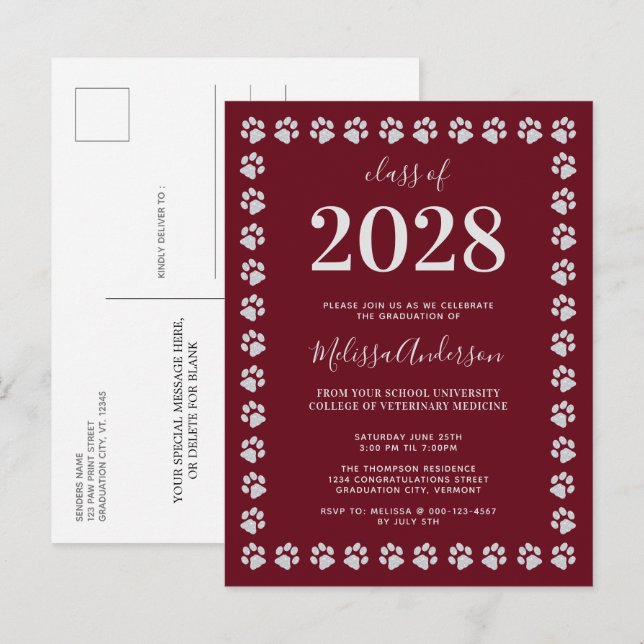   Burgundy Silver Paw Prints Graduation Invitation Postcard (Front/Back)