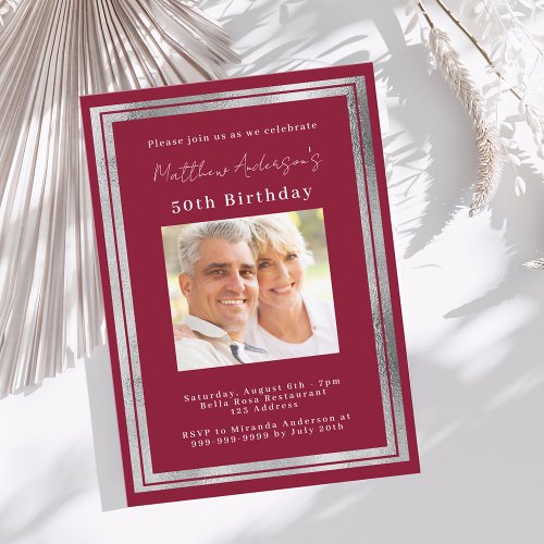 Burgundy silver photo birthday invitation