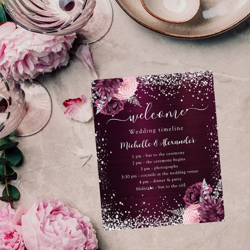 Burgundy silver pink flowers wedding program