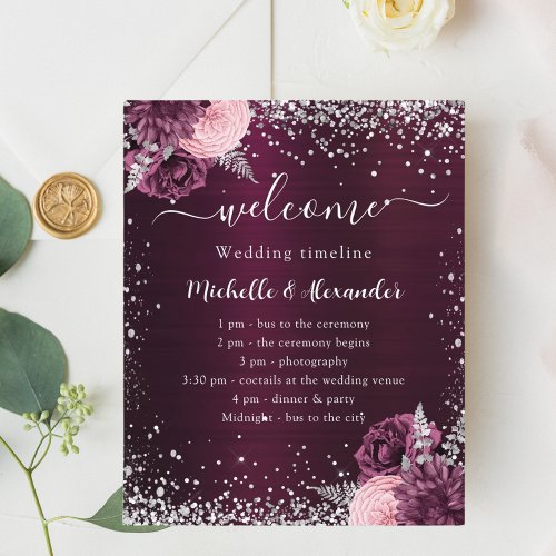 Burgundy silver pink flowers wedding program