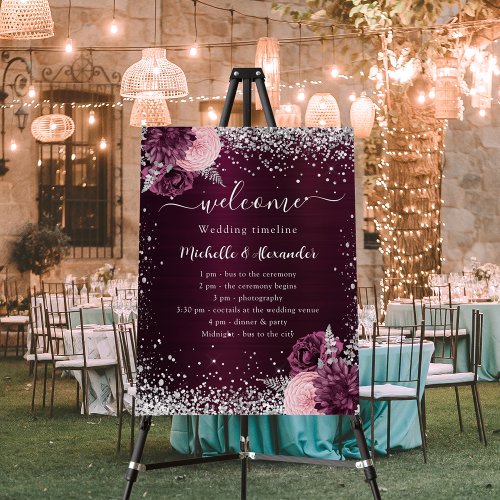 Burgundy silver pink flowers wedding program foam board