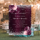 Burgundy silver pink flowers wedding program poster<br><div class="desc">A dark gradient burgundy background. Decorated with faux silver sparkles and burgundy and pink flowers,  roses.  If you need more space for text you can remove the flowers in the right corner.</div>
