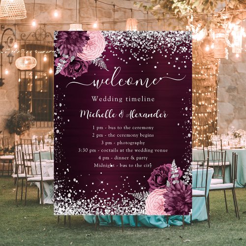 Burgundy silver pink flowers wedding program poster