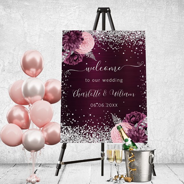 Burgundy silver pink flowers welcome wedding foam board (Creator Uploaded)