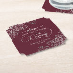 Burgundy & Silver Posh Don't Take My Drink Wedding Paper Coaster<br><div class="desc">This wedding coaster is elegant, stylish, and fun! It features a beautiful silver-gray and burgundy colored design with modern script lettering and delicate faux foil curls and swirls in the corners. The text reads "Please don't take my drink, I'm dancing" with space for the names of the couple and wedding...</div>