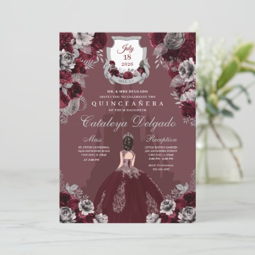 Burgundy Silver Princess Castle Quinceaera Invitation