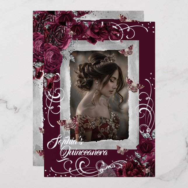 Burgundy Silver Quinceanera Photo Rose Butterfly Foil Invitation (Front/Back)
