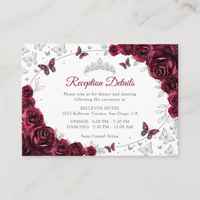 Burgundy Silver Quinceanera Reception Details Enclosure Card (Front)