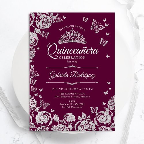 Burgundy Silver Roses Butterflies Quinceanera Invitation