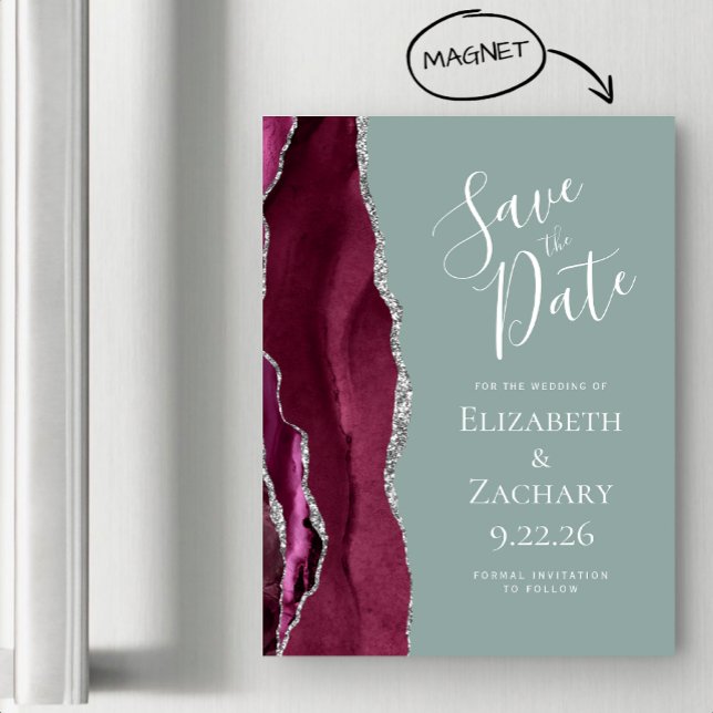 Burgundy Silver Sage Green Wedding Save the Date Magnetic Invitation (Creator Uploaded)
