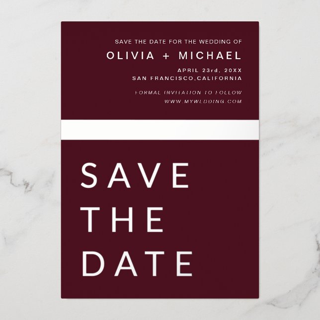 Burgundy Silver Save the Date Elegant  Foil Invitation (Front)