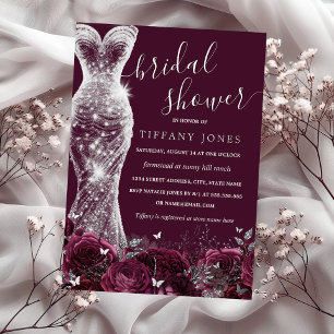 Burgundy Silver Shimmer Dress Rose Bridal Shower Foil Invitation