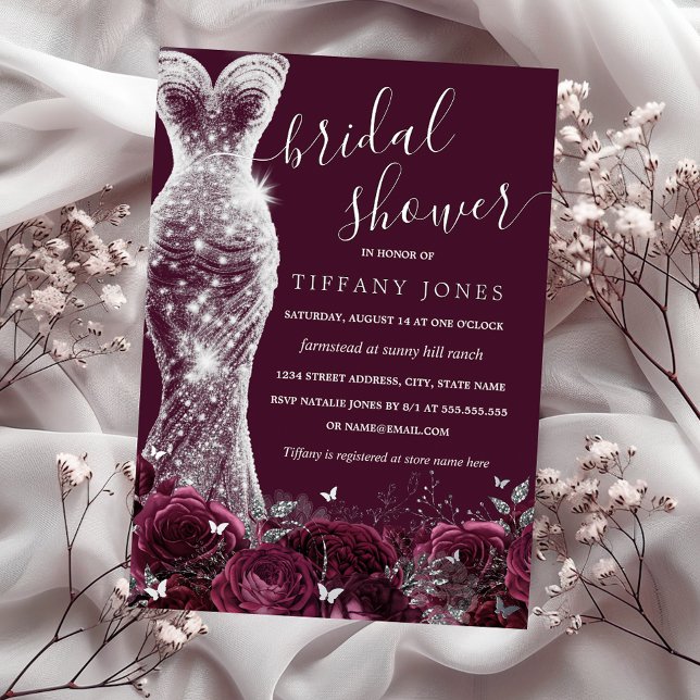 Burgundy Silver Shimmer Dress Rose Bridal Shower  Foil Invitation (Creator Uploaded)
