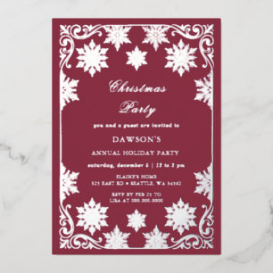 Burgundy Silver Snowflakes Christmas Party Foil Invitation