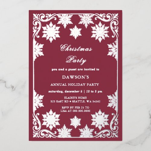 Burgundy Silver Snowflakes Christmas Party Foil Invitation