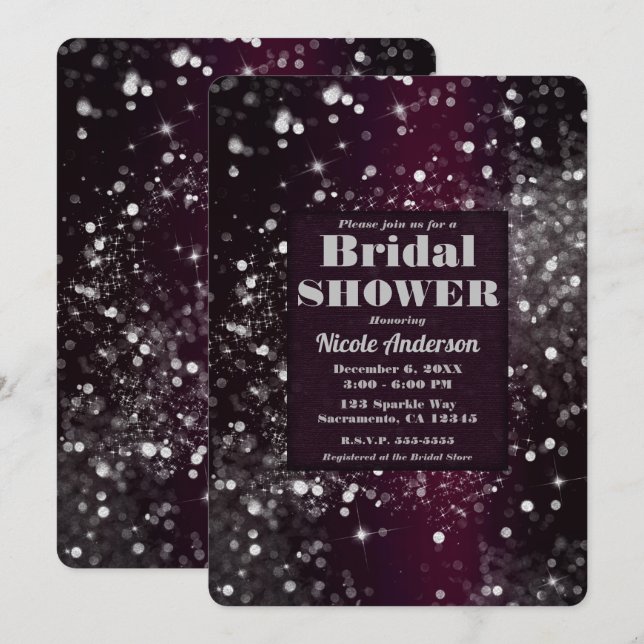 Burgundy Silver Sparkling Lights Bridal Shower Invitation (Front/Back)