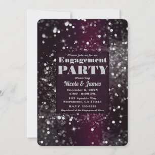 Burgundy Silver Sparkling Lights Glam Engagement Invitation