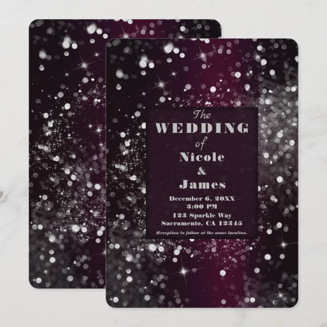 Burgundy & Silver Sparkling Lights Glam Wedding Invitation (Front/Back)