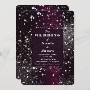 Burgundy & Silver Sparkling Lights Glam Wedding Invitation