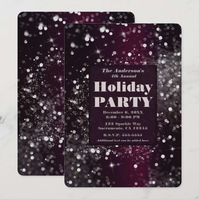 Burgundy Silver Sparkling Lights Holiday Party Invitation (Front/Back)