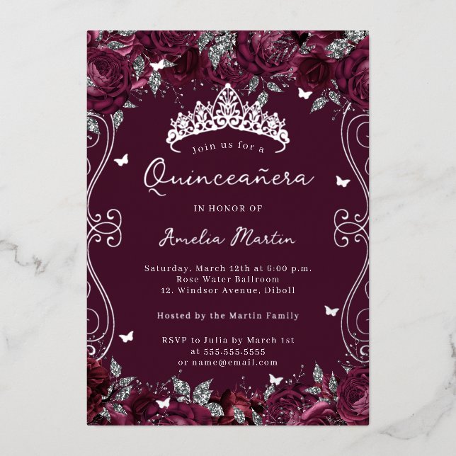 Burgundy Silver Swirl Scroll Floral Quinceanera  Foil Invitation (Front)