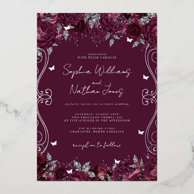 Burgundy Silver Swirl Scroll Wedding  Foil Invitation (Front)